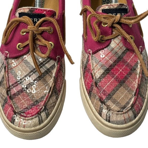 Sperry Top-Sider Bahama Pink Plaid Fuchsia Sequin Boat Shoe Slip on Women's 7M - Picture 5 of 9